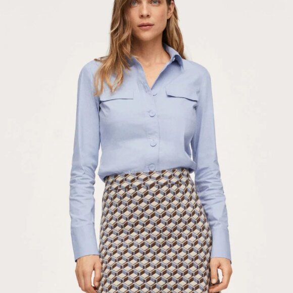 Mango Fitted Cotton Poplin Shirt Button Down Up Blue Office Work Business Casual - Picture 1 of 14